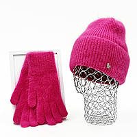 Комплект женский зимний из ангоры (шапка+перчатки) ODYSSEY 56-58 см Малиновый 13569 - 4186