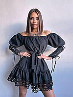 Женское платье с кружевами Короткое Мини сарафан юбка-клеш с открытыми плечами Котоновая S-M M-L 42/44, Черный