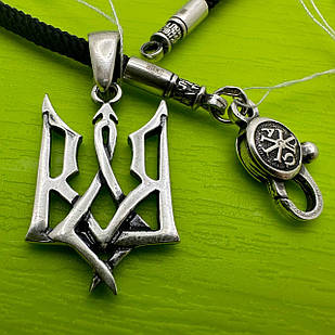 Кулон герб України та чорний шовковий шнурок срібло чорнене 925 проба