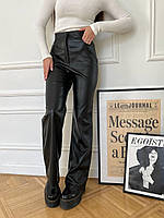 Брюки женские штаны Палаццо эко-кожа на флисе деловые повседневные стильные черный шоколад