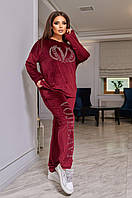 Женский бордовый спортивный костюм велюровый со стразами большие размеры