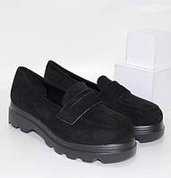 Туфли лоферы женские замшевые черные
