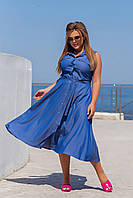 Женское джинсовое платье - халат 50-56 размер на пуговицах с поясом длинное нежное без рукава голубой, черный