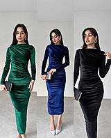Женское длинное платье в обтяжку стильное элегантное подчеркивает фигуру длинный рукав черный, синий, изумруд