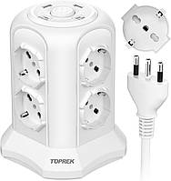 Вертикальный удлинитель TOPREK с 8 универсальными розетками ITA 10/16A, 2 USB-C, 2 USB-A, 4000 Вт/16 A