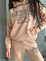 Женский спортивный костюм двойка худи + штаны с принтом MICHIGAN теплый Черный, Светлый беж, Мокко