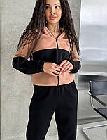 Женский спортивный костюм худи на молнии + штаны на флисе повседневный молодёжный черный беж