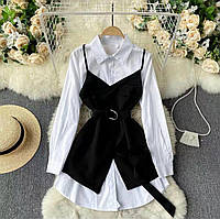 Жіноча коротка класична сукня довгий рукав 2в1 комплект сорочка + сукня-сарафан чорно-біла весна осінь