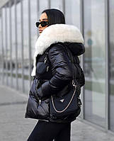 Женская зимняя теплая куртка с капюшоном эко-мех стильная с наполнителемчерный