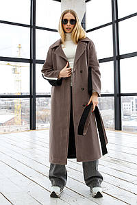 Вишукане жіноче довге пальто демісезон Габбі з контрастними лампасами капучіно з чорним
