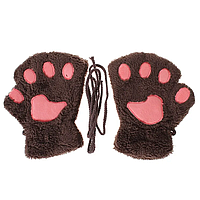 Перчатки без пальцев лапы кошки, митенки кошачьи лапки, перчатки лапы темно коричневый(кофейный)