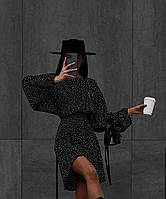 Женское изящное легкое пышное платье длинный рукав на резинке в горошек черный
