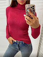 Женский теплый свитер водолазка с отворотом лапша люрекс серый 44-48 (M-XL) . Бордовый