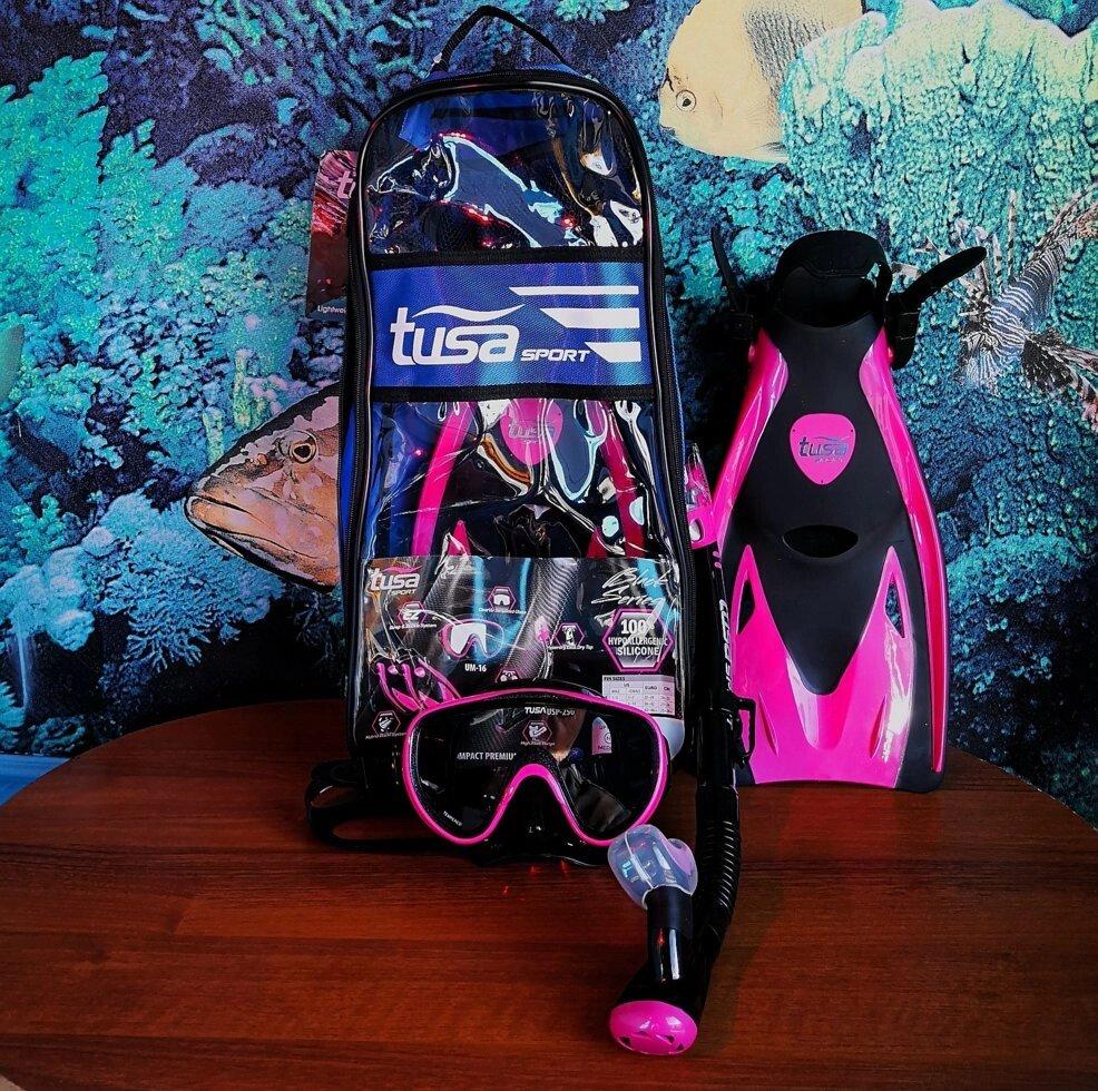 Набор для плавания Tusa (Япония): маска + трубка + ласты розовый металлик - фото 3 - id-p1928162517
