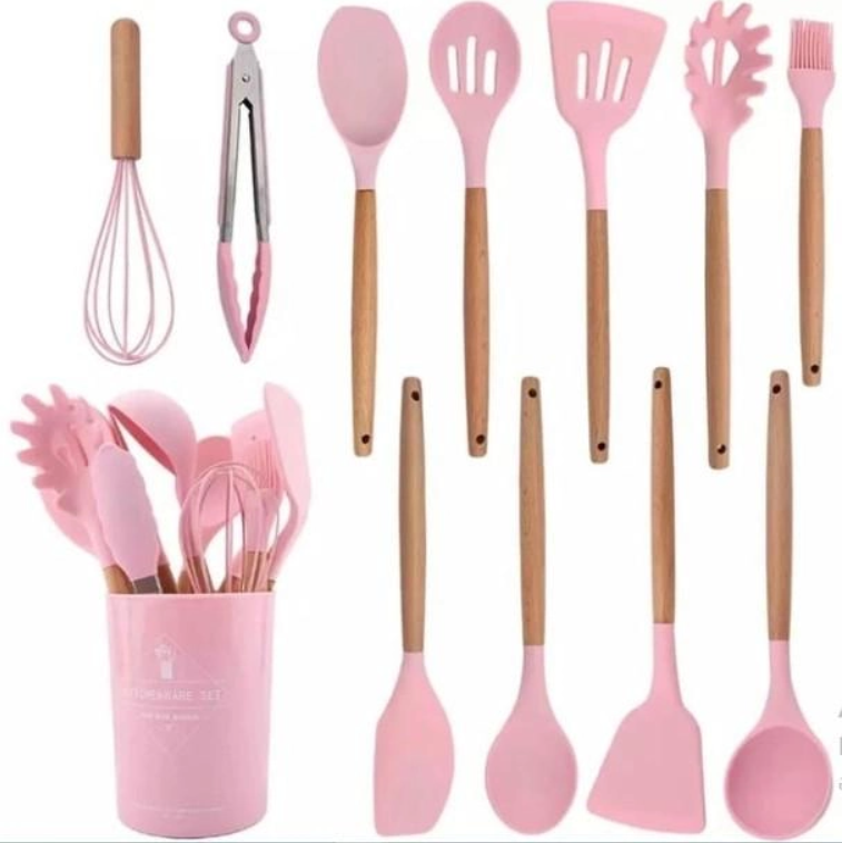 Силіконовий кухонний набір приладдя Kitchen & Dining 12 предметів (дерево+силікон) рожевий