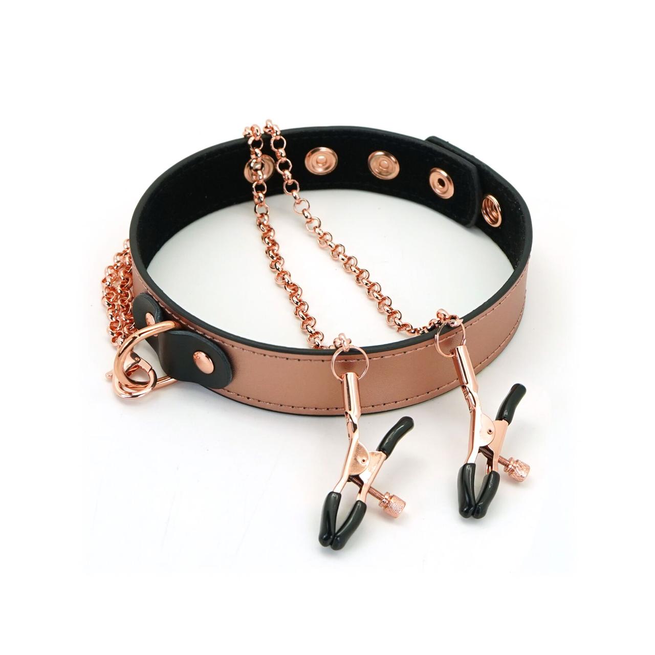 Нашийник із затискачами для сосків Liebe Seele Rose Gold Memory Collar with Nipple Clamps, шкіра, фото 1