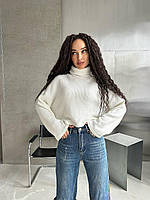 Теплый женский свитер отложной воротник, Ангора вязка (черный, розовый, молочный) размер: 42-46