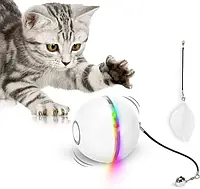 Автоматически вращающийся смарт мячик/шарик с подсветкой, интерактивная игрушка для котов 7 см + USB, Белый.
