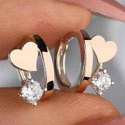 Срібні сережки-кільця (конго) з золотими накладками з фіанітами з сердечками (1,1 см) РН-378