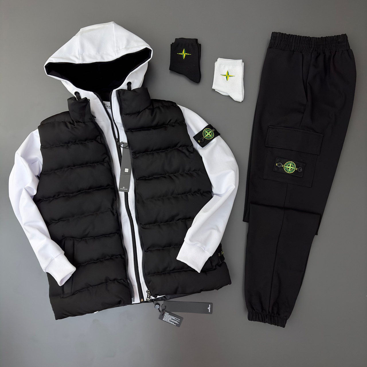 Чоловічий спортивний костюм Stone Island Жилетка + Зіп худі + Штани чорний з білим з капюшоном Стон Айленд