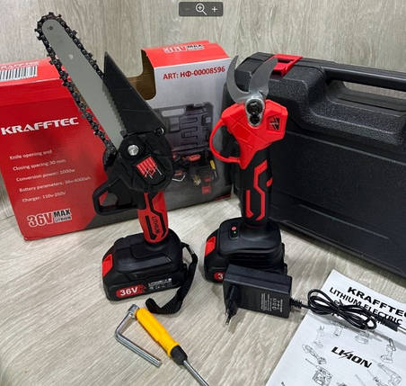 Комплект акумуляторного інструменту 2в1 міні пила секатор KRAFFTEC 36V 4АР, фото 1