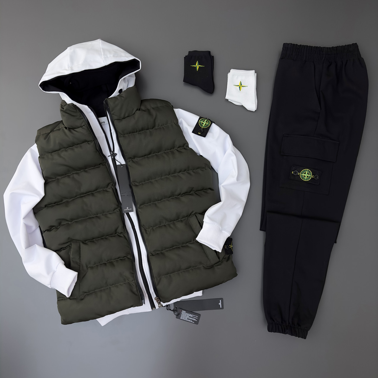 Чоловічий спортивний костюм Stone Island Жилетка + Зіп худі + Штани білий з хакі з капюшоном Стон Айленд