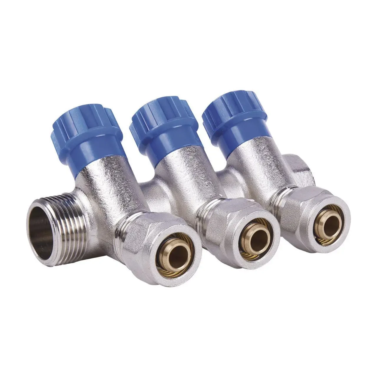 Колектор-гребінка NTM 3 виходу 3/4*16 з вентильний кранами та фітингом під металопластик.