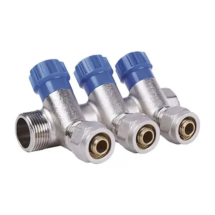 Колектор-гребінка NTM 3 виходу 3/4*16 з вентильний кранами та фітингом під металопластик., фото 1