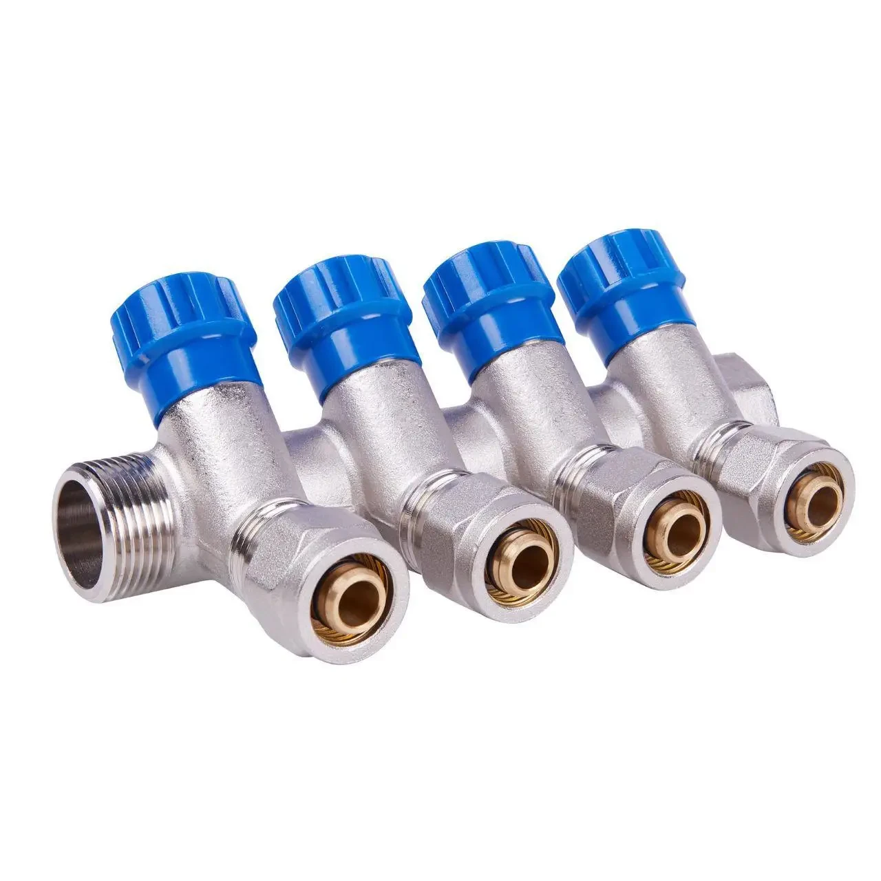 Колектор-гребінка NTM 4 виходу 3/4*16 з вентильний кранами та фітингом під металопластик.