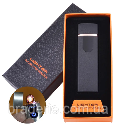 Запальничка USB в подарунковій коробочці Lighter HL-101 Сенсорна кнопка запалювання чорна, фото 1