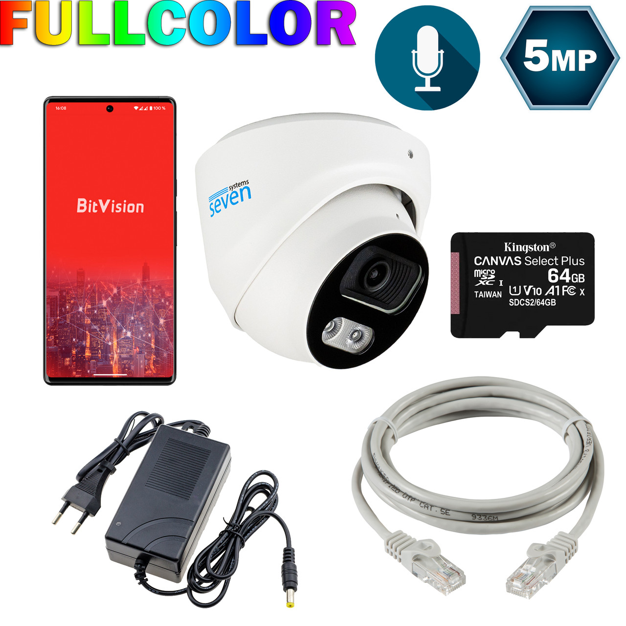 Комплект відеоспостереження на 1 купольну 5 Мп FULL COLOR IP-камеру SEVEN KS-7211OWFC-5MP