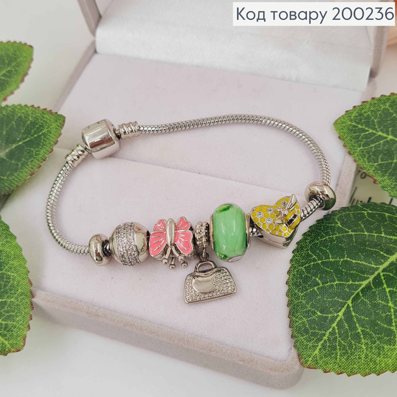 Жіночий браслет на руку з зеленим шармиком трояндами та рожевим метеликом, Сріблястий браслет Xuping 18К