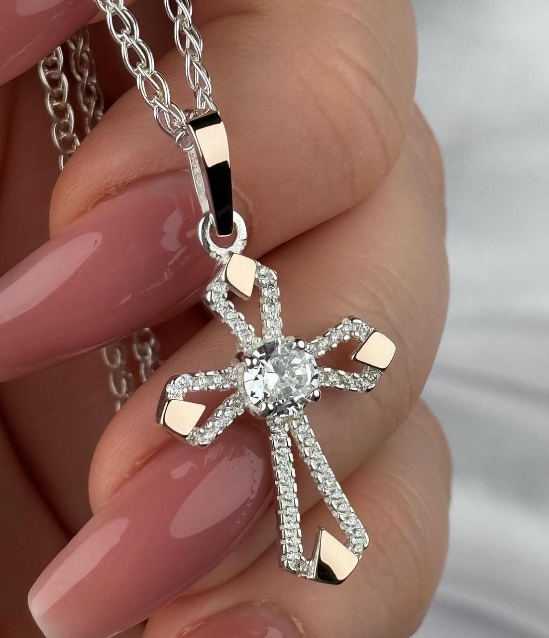 Срібний жіночій хрест з золотими пластинами 0107, фото 1