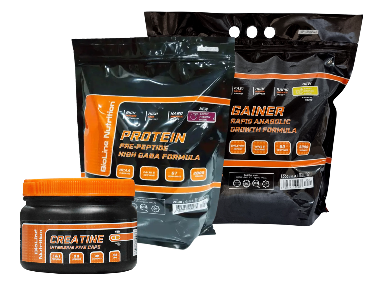 Набір Протеїн 2 кг, смак Персик, Гейнер 3 кг смак банан, Креатин TM Bioline, фото 1