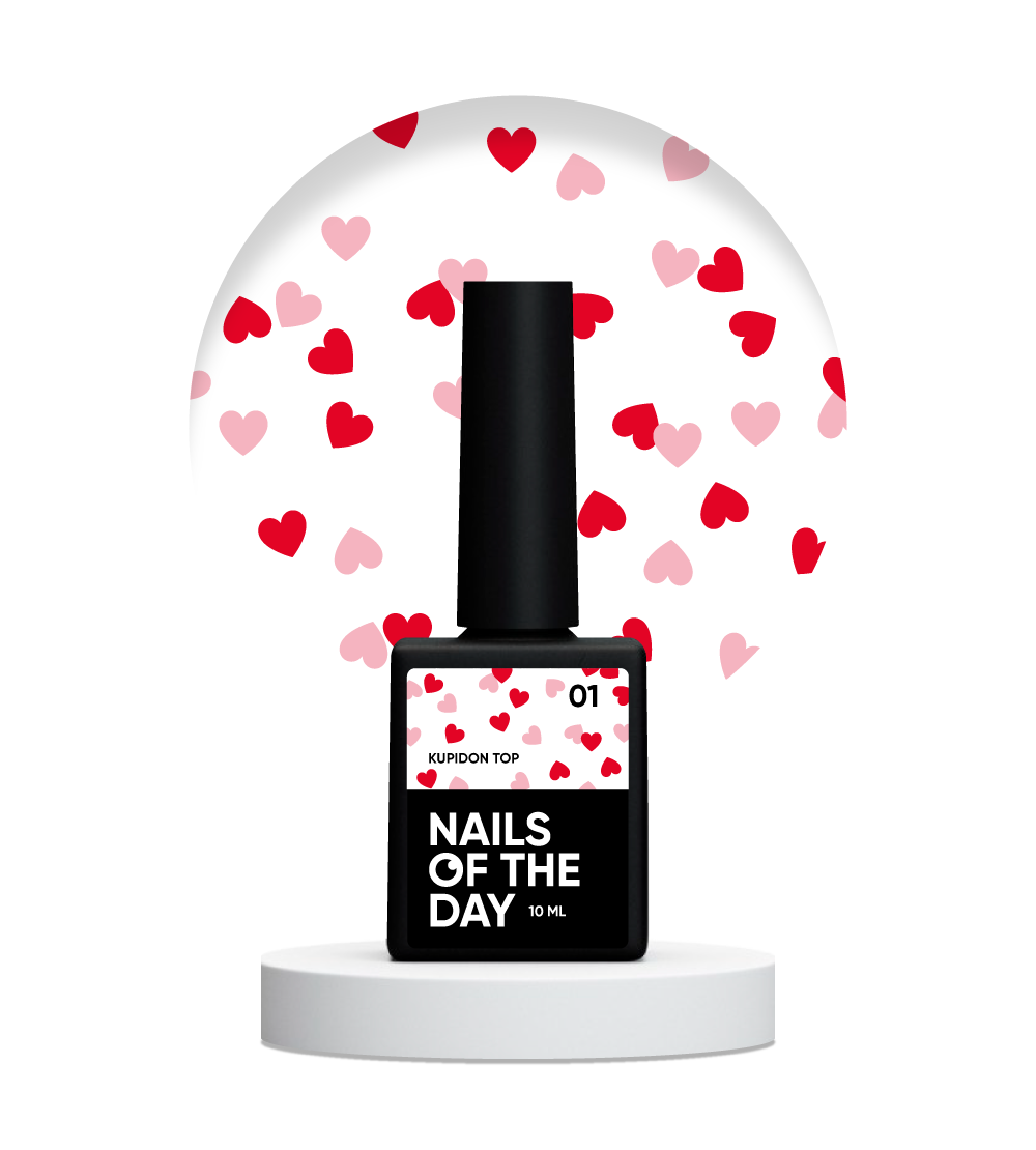 NAILSOFTHEDAY Kupidon top 01 - фінішне покриття для нігтів з насичено червоними та рожевими сердечками, без липкого шару, 10 мл, фото 1