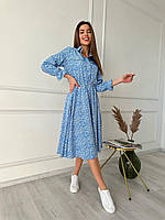 Женское платье на пуговицах до колена с цветочным принтом Арт. 698 Голубой, 42/44