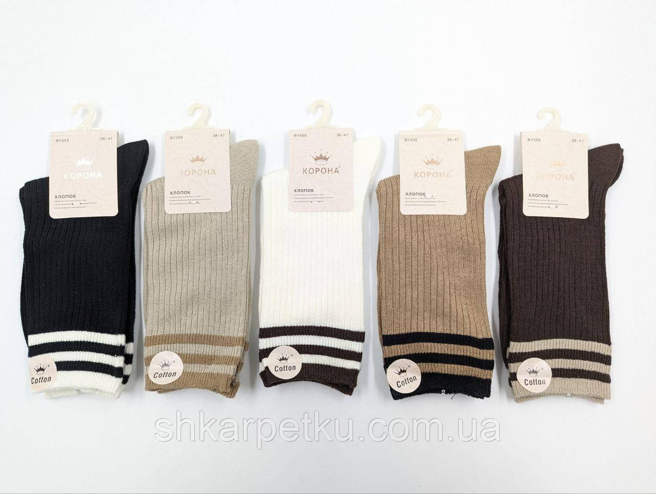 Жіночі демісезонні шкарпетки Корона, бавовна, однотонні смужки рубчик. Розмір 36-41, 10 пар/уп. асорті кольорів