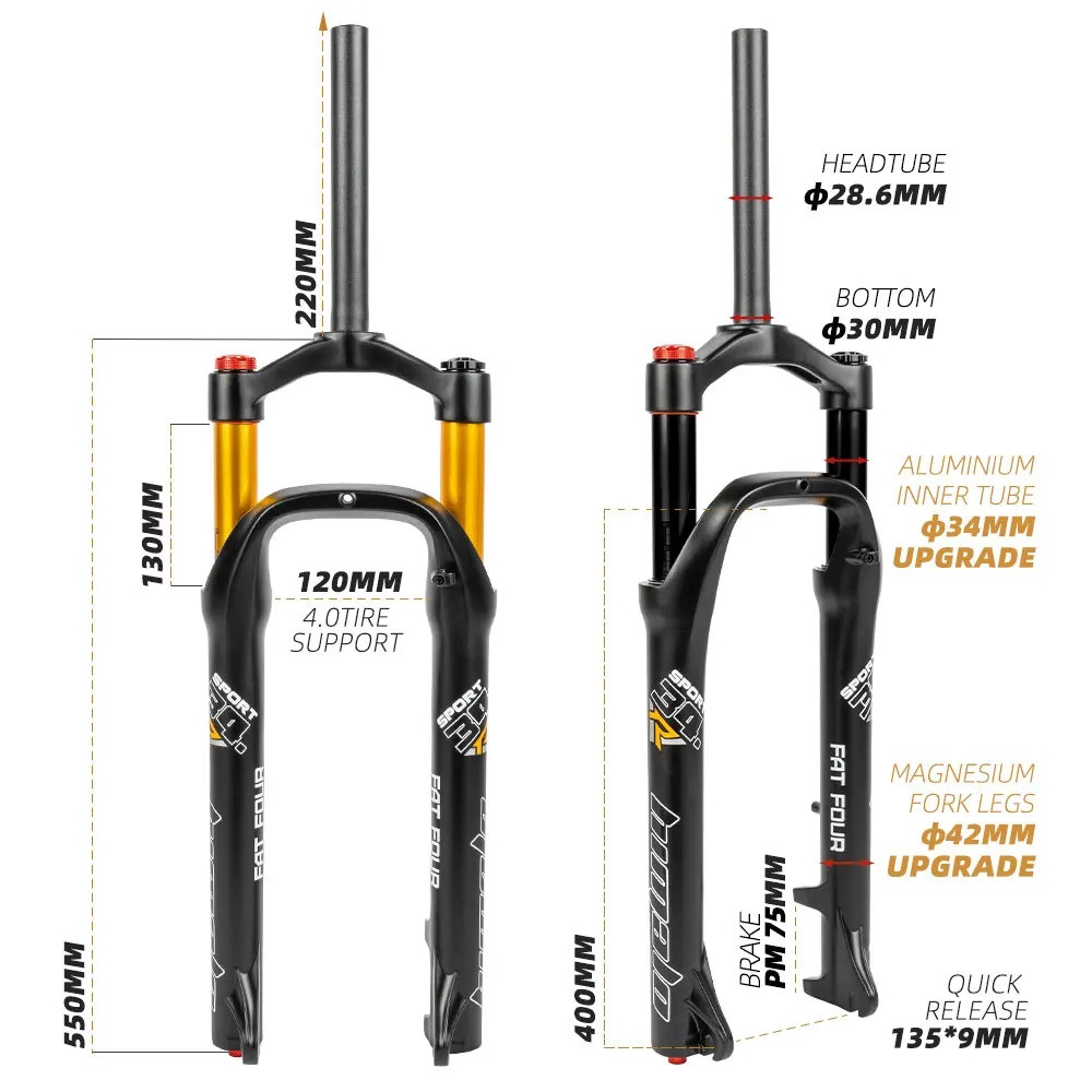 Вилка для фэтбайка Himalo 26 дюймов ход 130mm Fat Bike Lock-out, Rebound, Золотая - фото 2 - id-p2092298587