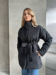 Весняна тепла жіноча куртка з капюшоном модна стильна тепла куртка на кнопках з поясом 250