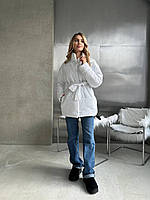 Весенняя теплая женская куртка с капюшоном модная стильная теплая курточка на кнопках с поясом 250 Белый, 50/52