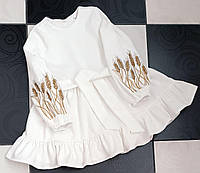 Дитяча святкова сукня білого кольору із вельветової тканини з вишитими колосками розміри 110