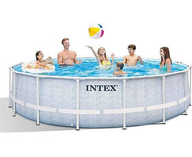 Каркасний круглий басейн (488-122см, 19156 л, сходи, фільтр, тент) Intex 26746 Сірий Chevron