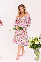 Женское розовое весеннее платье миди с глубоким декольте с цветочным принтом
