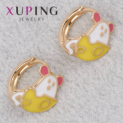 Серёжки женские золотистого цвета Xuping Jewelry 18K кольцо конго мышка с сыром покрыта эмалью диаметр 15 мм, фото 1