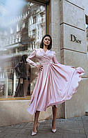 Вечернее розовое шелковое платье миди с запахом и пышной юбкой