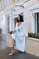 Вечернее белое приталенное платье миди с пышной юбкой