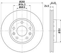 Диск тормозной передний Duster/Fluence/Laguna III/Megane III 08-(280x24), HELLA PAGID (8DD355116151)