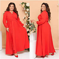 Женское нарядное красное платье в пол с объёмными рукавами батал 52-54
