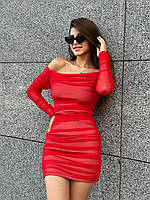 Коктейльное красное платье мини облегающее с открытыми плечами с сеткой