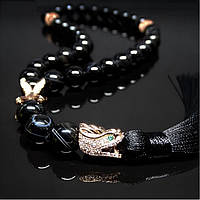 Чітки Золотий Дракон із натурального каменю Чорний Агат